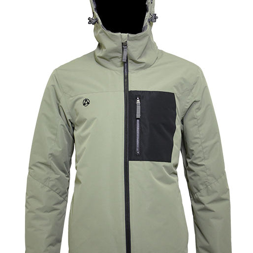 Turbine Patch Insulated Jacket 2021 - A sage green jacket with a black patch on the left chest and a black zipper down the front.