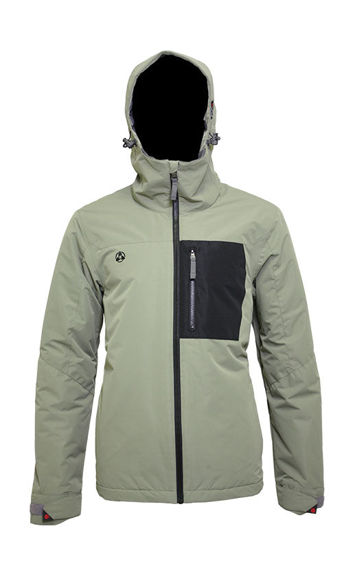Turbine Patch Insulated Jacket 2021 - A sage green jacket with a black patch on the left chest and a black zipper down the front.