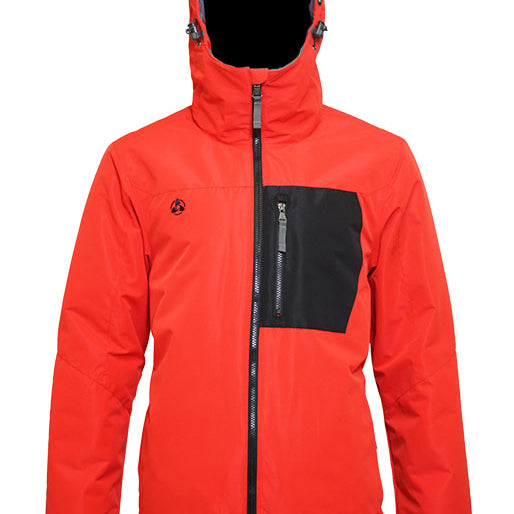 Turbine Patch Insulated Jacket 2021 - A red jacket with a black patch on the left chest and a grey zipper.