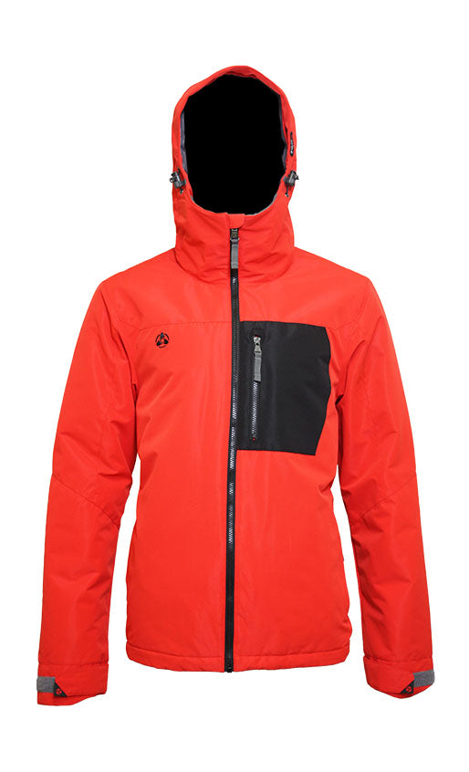 Turbine Patch Insulated Jacket 2021 - A red jacket with a black patch on the left chest and a grey zipper.