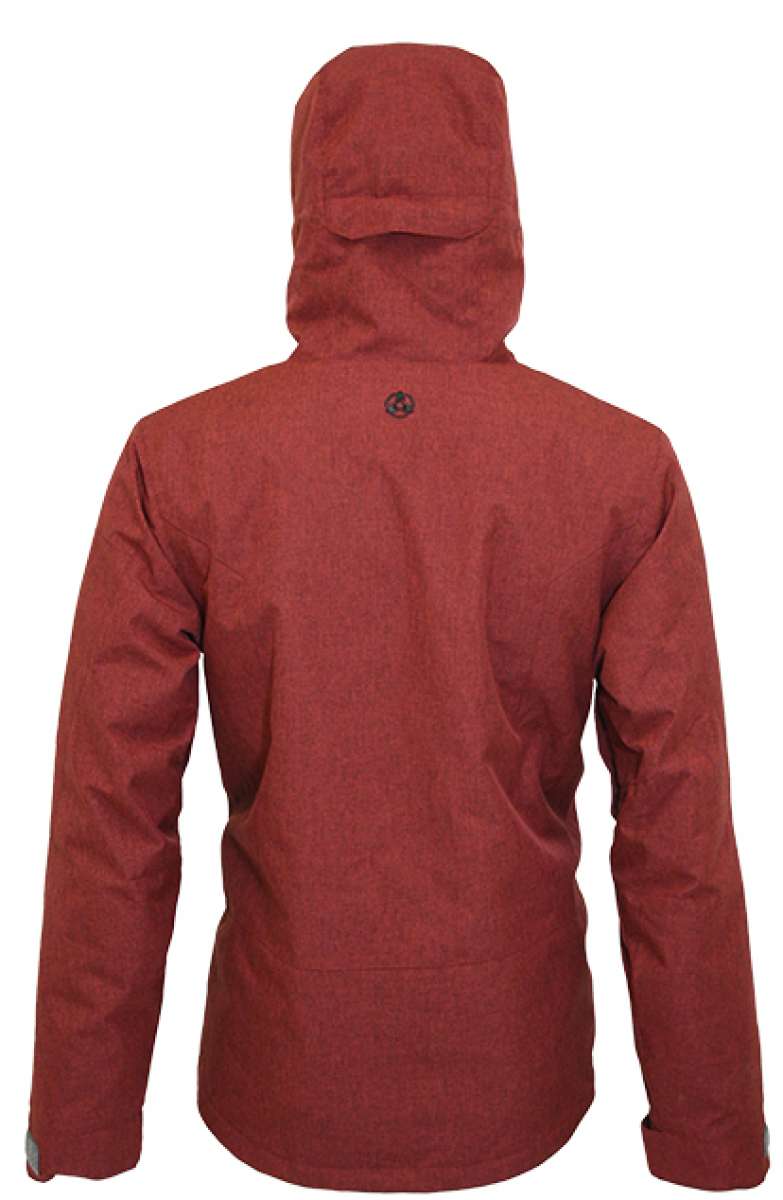 Turbine Planet Insulated Jacket 2023 - A red insulated jacket with a hood, featuring black zippers and a logo on the back.