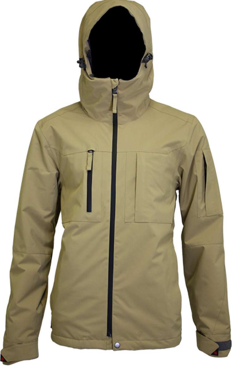 Turbine Planet Insulated Jacket 2023 - A tan-colored jacket with a zippered front and two chest pockets, featuring a hood and adjustable cuffs.