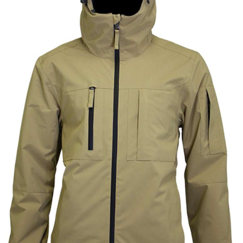 Turbine Planet Insulated Jacket 2023 - A tan-colored jacket with a zippered front and two chest pockets, featuring a hood and adjustable cuffs.
