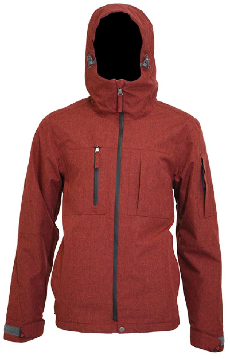 Turbine Planet Insulated Jacket 2023 - A red insulated jacket with a hood, featuring two zippered pockets on the front and a black zipper running down the middle.