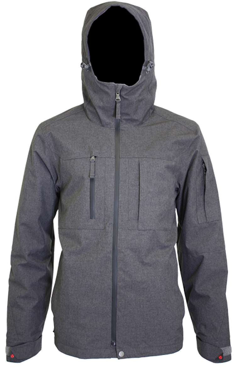 Turbine Planet Insulated Jacket 2023 - A dark gray jacket with a hood, featuring two zippered pockets on the front and a central zipper down the middle.