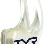 TYR Ergo Swim Nose Clip - A clear plastic nose clip with a distinctive "TYR" logo in dark blue on its front side, viewed from an angle that highlights its curved shape and ergonomic design.