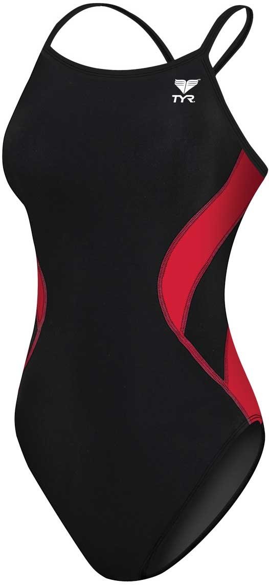 TYR Ladies' Alliance Diamondback Splice One-Piece Swimsuit - A black one-piece swimsuit with a red diamond pattern on the sides and back, featuring thin straps and a high-cut leg.