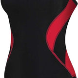 TYR Ladies' Alliance Diamondback Splice One-Piece Swimsuit - A black one-piece swimsuit with a red diamond pattern on the sides and back, featuring thin straps and a high-cut leg.