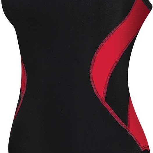 TYR Ladies' Alliance Diamondback Splice One-Piece Swimsuit - A black one-piece swimsuit with a red diamond pattern on the sides and back, featuring thin straps and a high-cut leg.