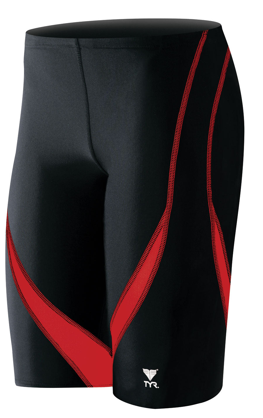 TYR Men's Alliance Splice Jammer Swimsuit - A black swimsuit with a red and white geometric pattern on the left leg.