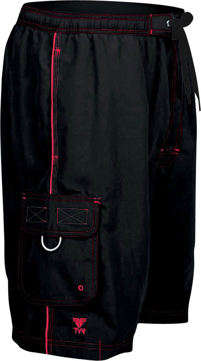 TYR Men's Challenger Swim Trunk - Black swim trunks with a red stripe down the side.