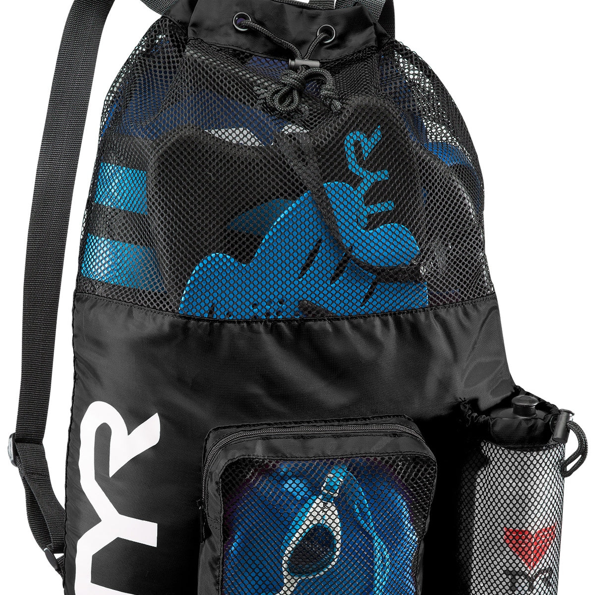 TYR Big Mesh Mummy III Backpack 40L - A black backpack with a large mesh pocket on the front and two smaller pockets on either side, featuring a drawstring closure at the top.