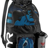 TYR Big Mesh Mummy III Backpack 40L - A black backpack with a large mesh pocket on the front and two smaller pockets on either side, featuring a drawstring closure at the top.