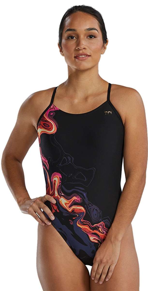 TYR Women's Cutoutfit Torch Swimsuit - A black swimsuit with a vibrant, abstract design featuring shades of orange and pink.