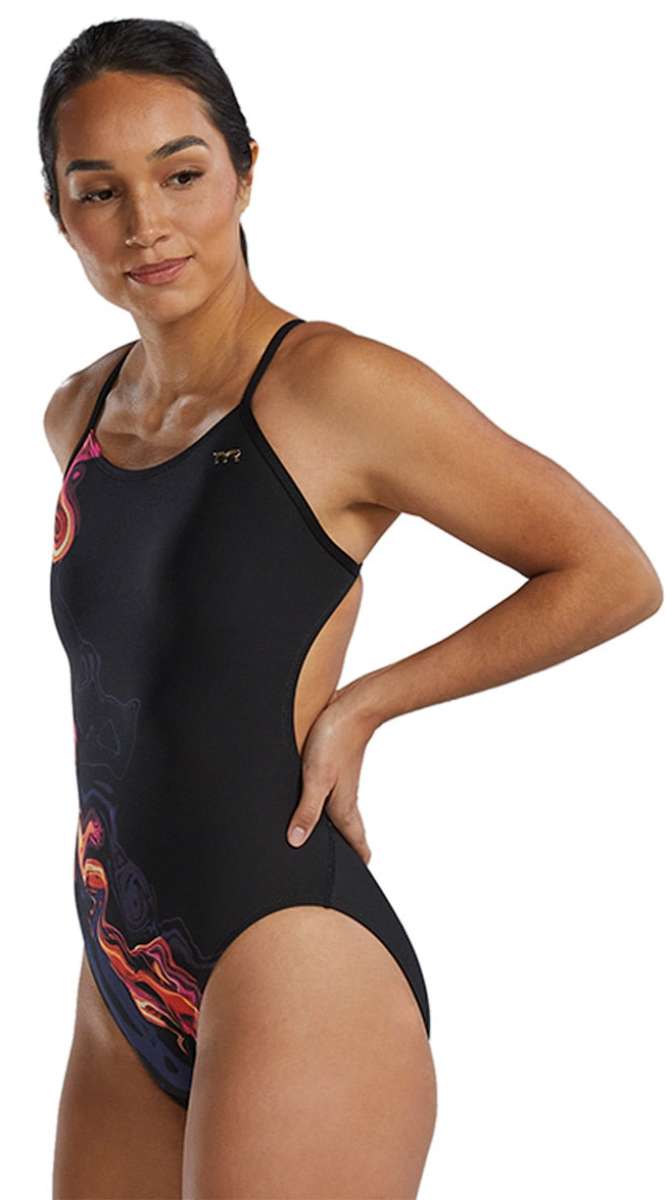 TYR Women's Cutoutfit Torch Swimsuit - A black swimsuit with a red and orange flame design on the left side, featuring cutouts along the sides.