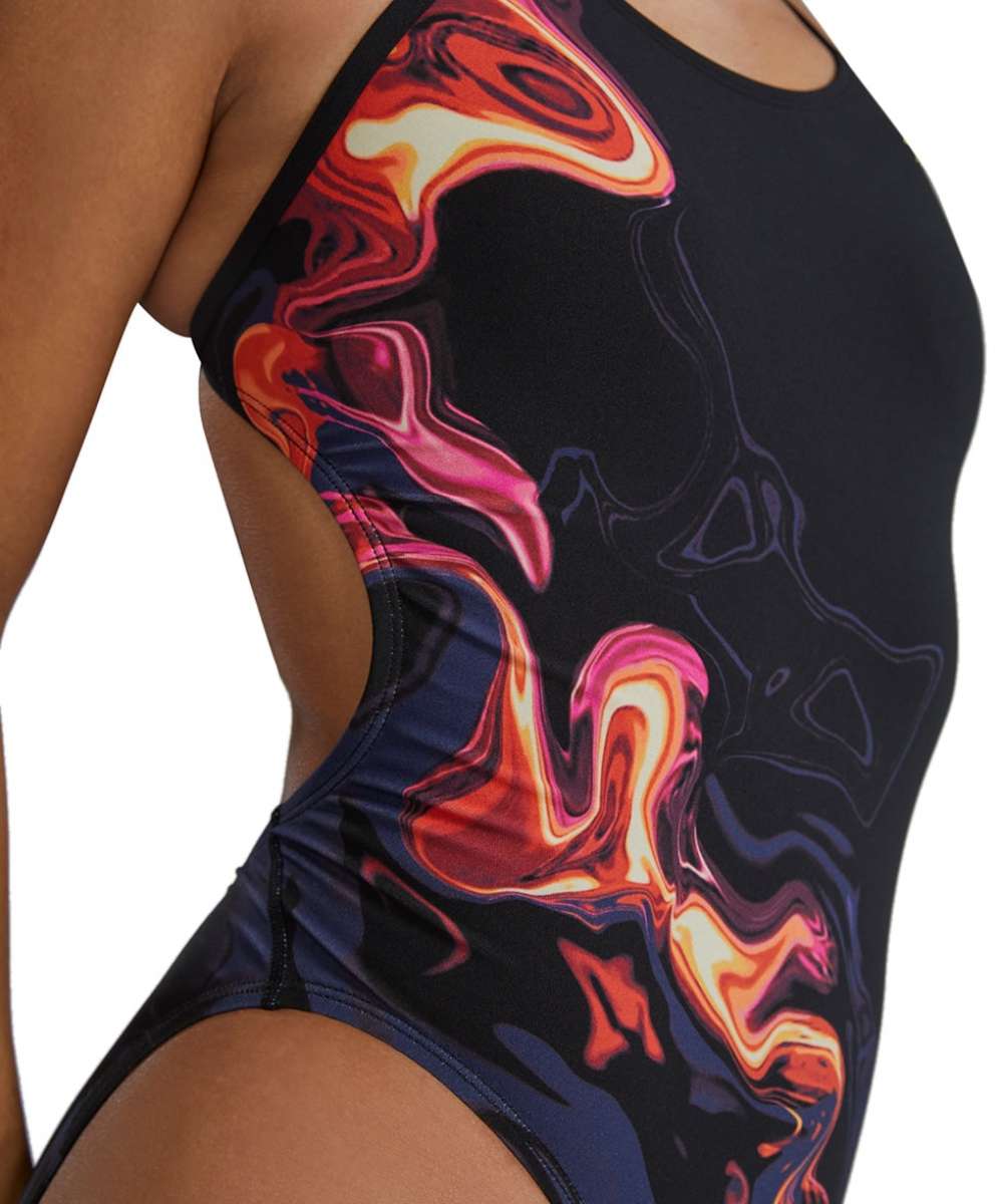 TYR Women's Cutoutfit Torch Swimsuit - A black swimsuit with a red, orange, and yellow flame-like design on the left side of the torso.