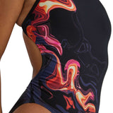 TYR Women's Cutoutfit Torch Swimsuit - A black swimsuit with a red, orange, and yellow flame-like design on the left side of the torso.