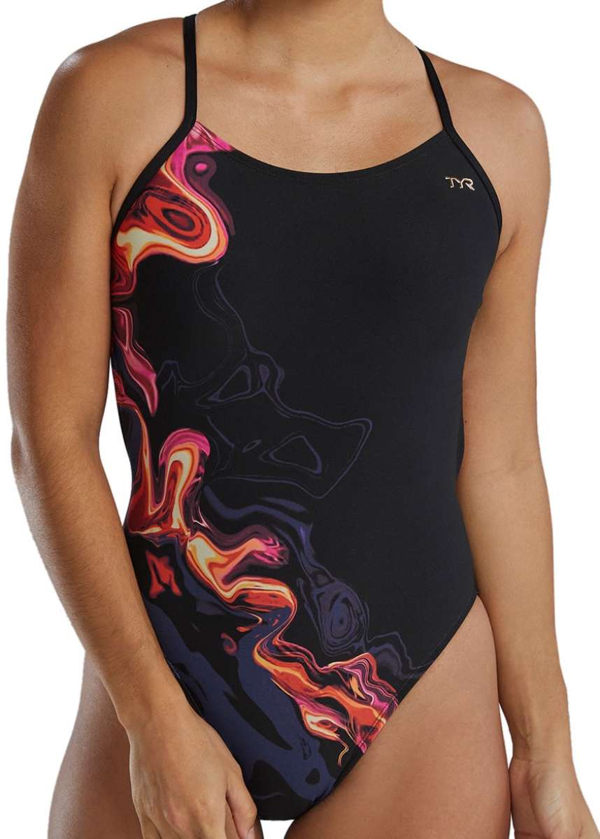 TYR Women's Cutoutfit Torch Swimsuit - A black swimsuit with a colorful, abstract design featuring shades of pink, orange, and yellow on the left side.