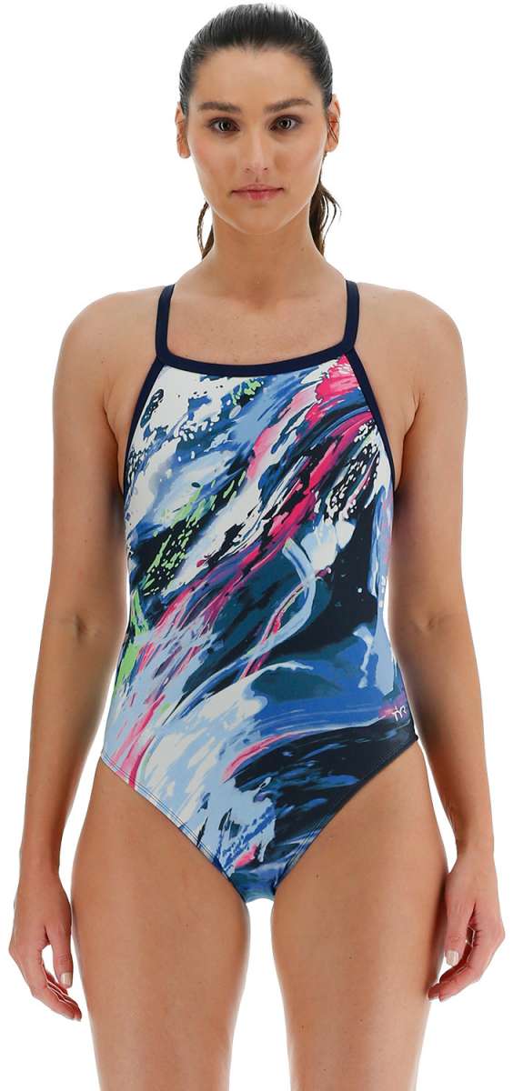 TYR Women's Diamondfit Transient Swimsuit - A navy blue swimsuit with a white and pink abstract design on the front.