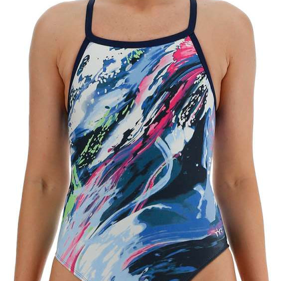 TYR Women's Diamondfit Transient Swimsuit - A navy blue swimsuit with a white and pink abstract design on the front.