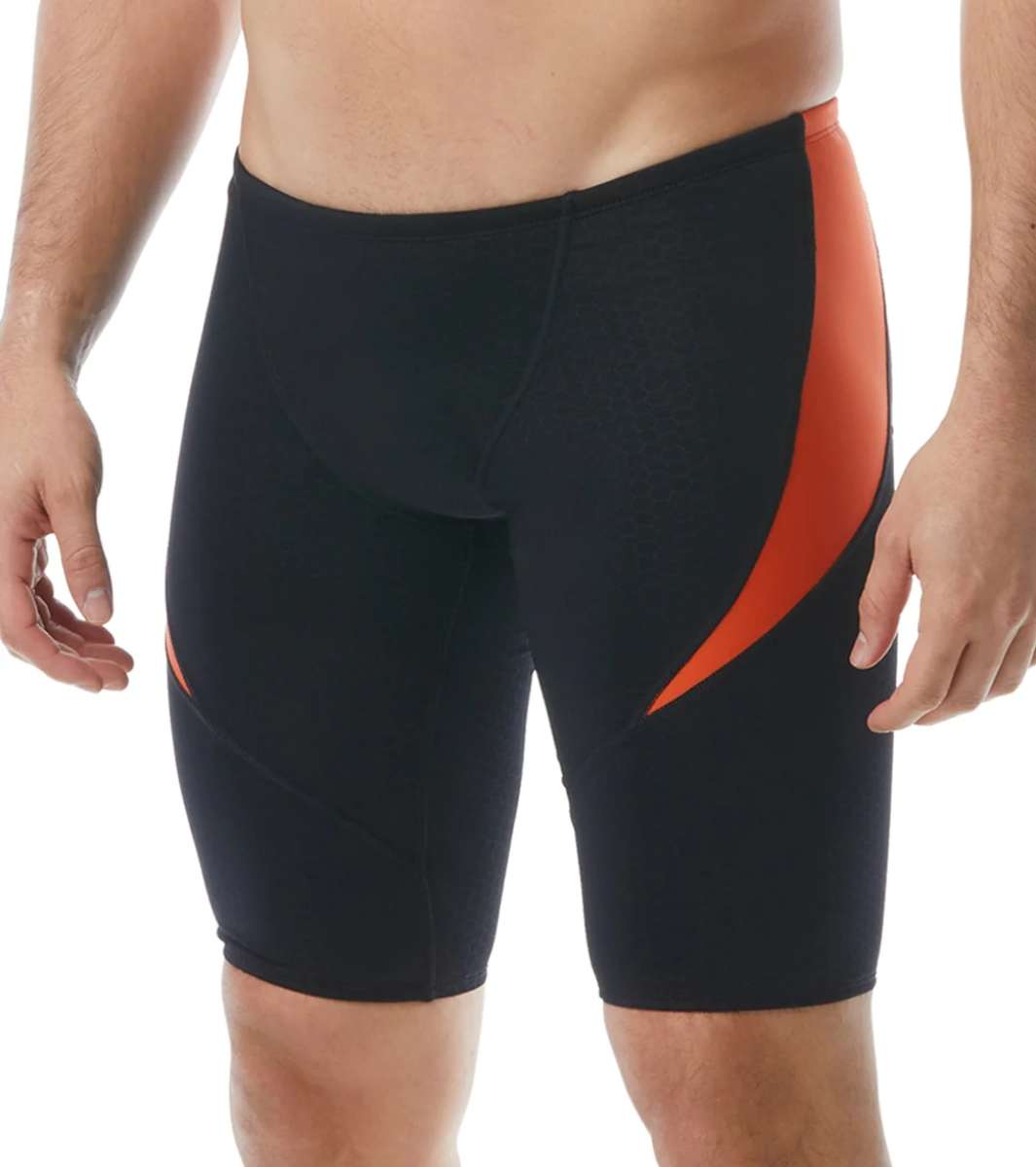 TYR Men's Hexa Curve Splice Jammer - A black jammer with a subtle hexagonal pattern and orange accents on the sides.