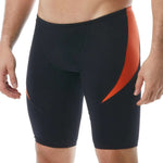 TYR Men's Hexa Curve Splice Jammer - A black jammer with a subtle hexagonal pattern and orange accents on the sides.