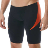 TYR Men's Hexa Curve Splice Jammer - A black jammer with a subtle hexagonal pattern and orange accents on the sides.