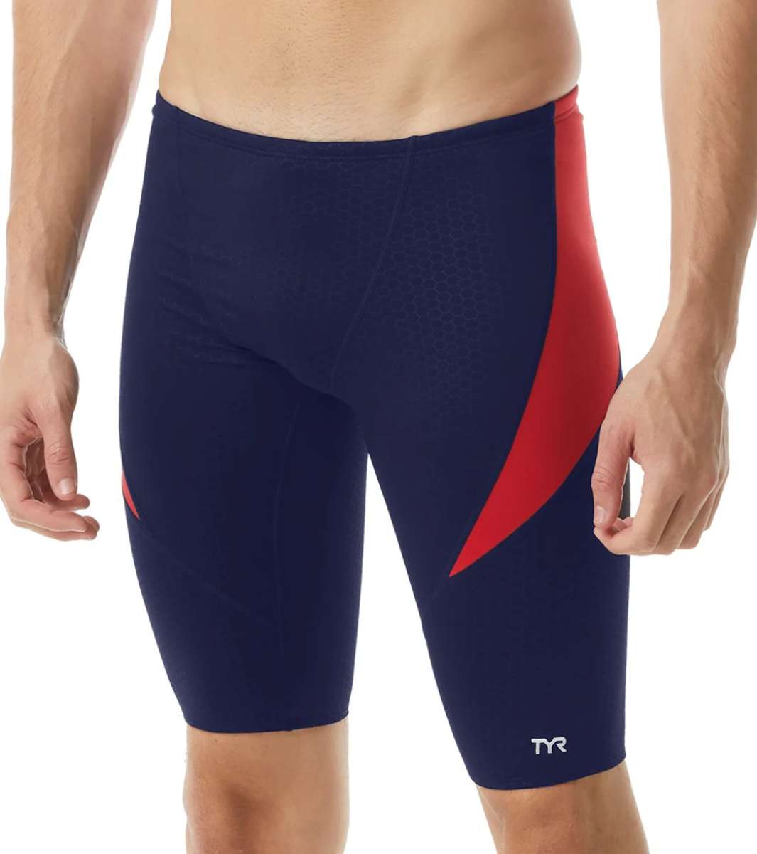 TYR Men's Hexa Curve Splice Jammer - A navy blue and red jammer swimsuit with a geometric pattern on the side.