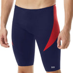 TYR Men's Hexa Curve Splice Jammer - A navy blue and red jammer swimsuit with a geometric pattern on the side.