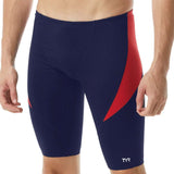 TYR Men's Hexa Curve Splice Jammer - A navy blue and red jammer swimsuit with a geometric pattern on the side.