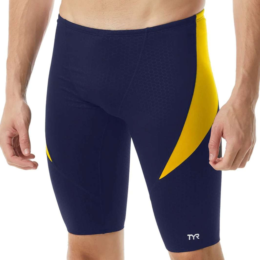 TYR Men's Hexa Curve Splice Jammer - A navy blue and yellow jammer swimsuit with a hexagonal pattern on the left leg.
