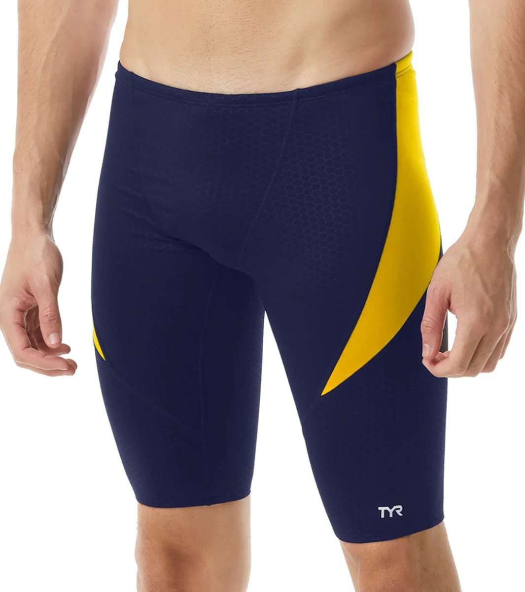 TYR Men's Hexa Curve Splice Jammer - A navy blue and yellow jammer swimsuit with a hexagonal pattern on the left leg.