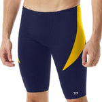 TYR Men's Hexa Curve Splice Jammer - A navy blue and yellow jammer swimsuit with a hexagonal pattern on the left leg.
