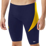 TYR Men's Hexa Curve Splice Jammer - A navy blue and yellow jammer swimsuit with a hexagonal pattern on the left leg.