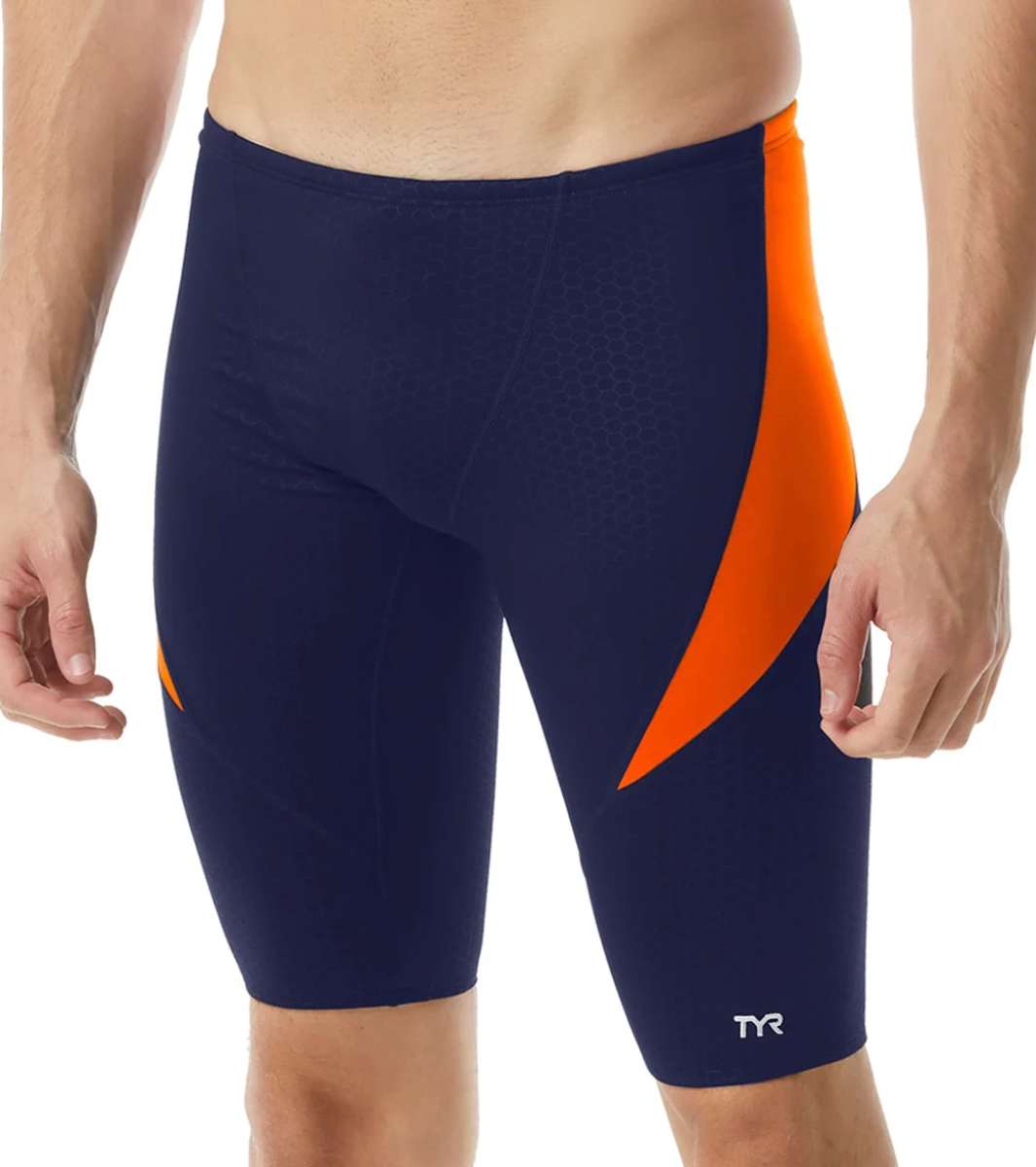 TYR Men's Hexa Curve Splice Jammer - A navy blue and orange jammer swimsuit with a hexagonal pattern on the left leg.