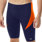 TYR Men's Hexa Curve Splice Jammer - A navy blue and orange jammer swimsuit with a hexagonal pattern on the left leg.