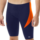 TYR Men's Hexa Curve Splice Jammer - A navy blue and orange jammer swimsuit with a hexagonal pattern on the left leg.