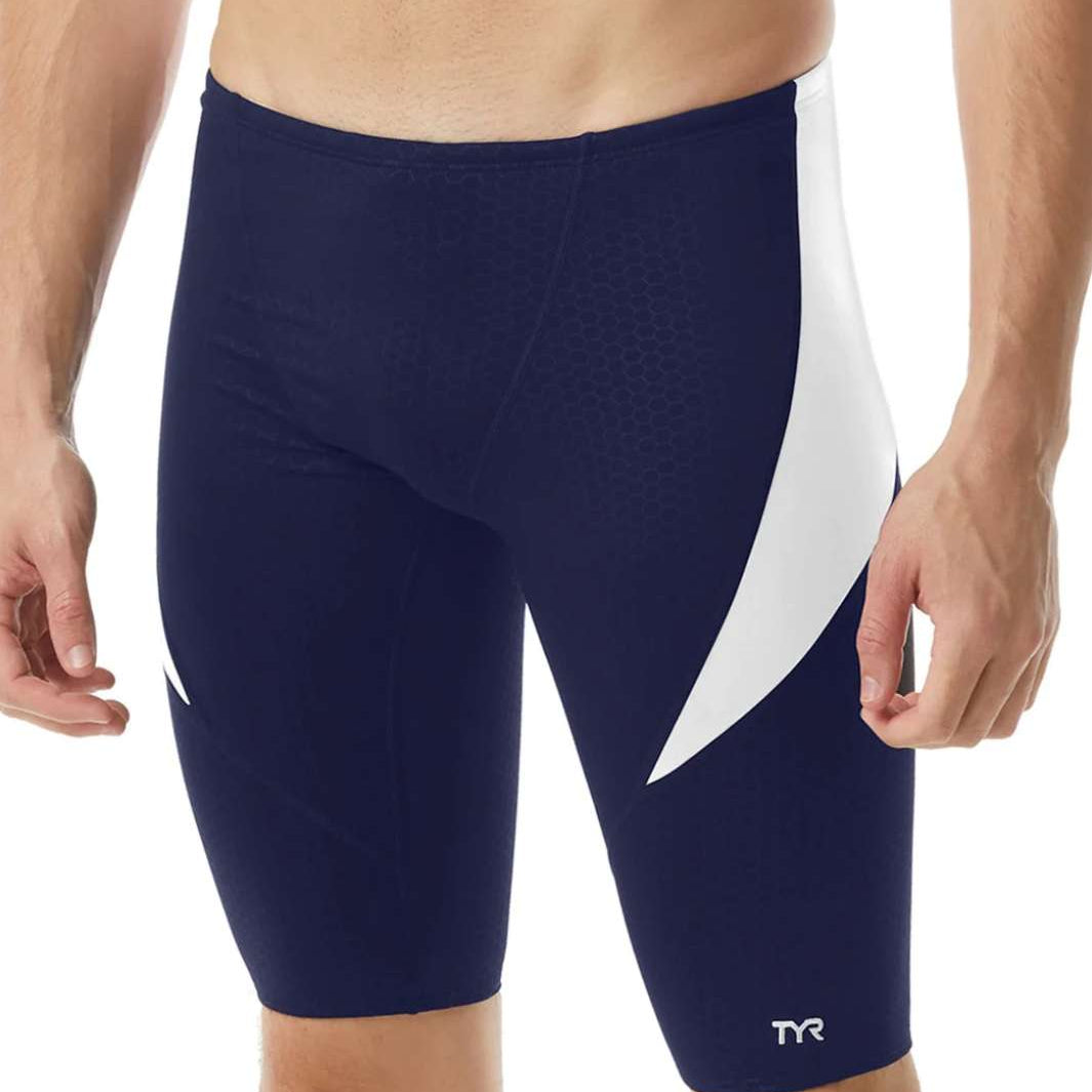 TYR Men's Hexa Curve Splice Jammer - A navy blue and white jammer swimsuit with a geometric pattern on the side.