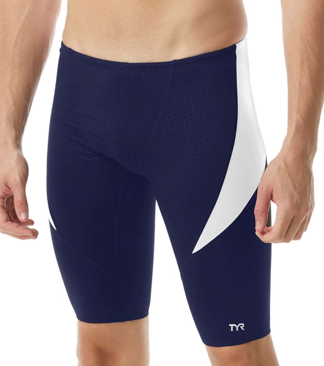 TYR Men's Hexa Curve Splice Jammer - A navy blue and white jammer swimsuit with a geometric pattern on the side.