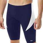 TYR Men's Hexa Curve Splice Jammer - A navy blue and white jammer swimsuit with a geometric pattern on the side.
