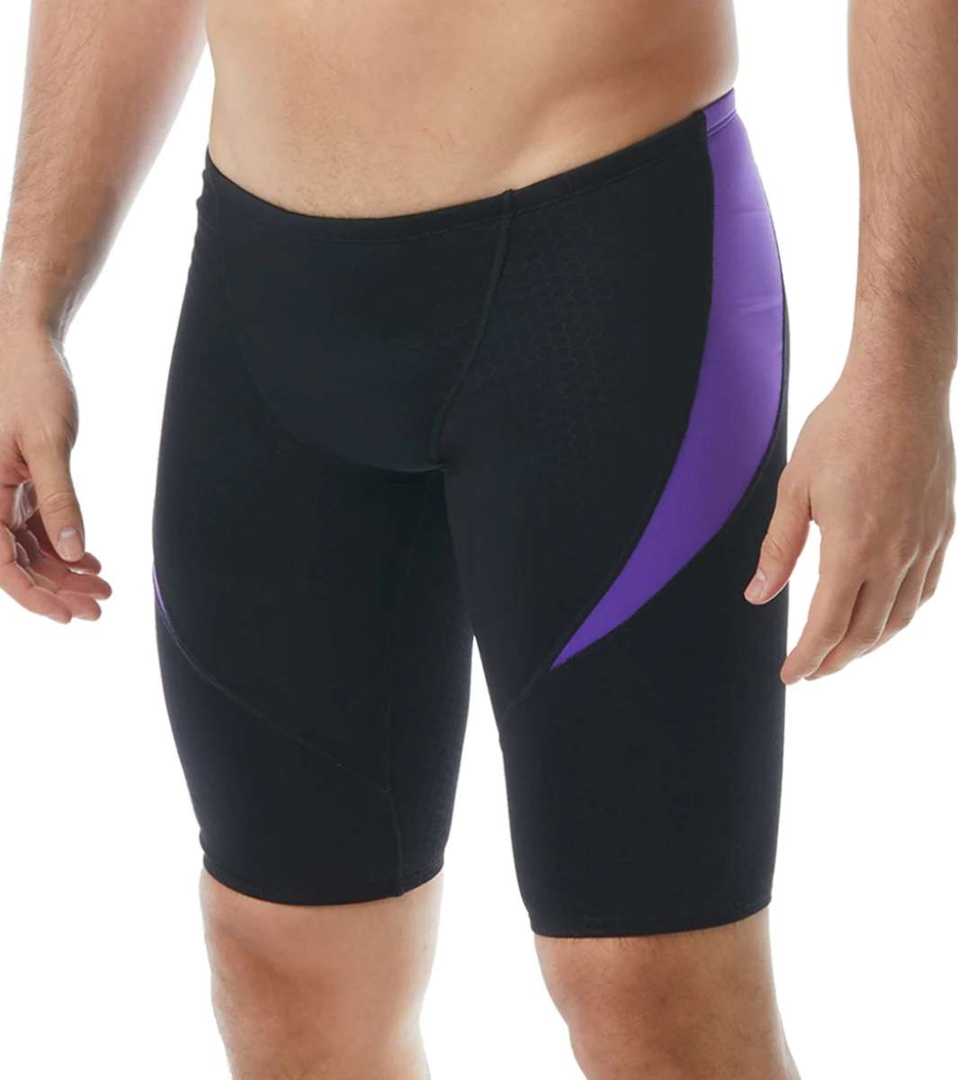 TYR Men's Hexa Curve Splice Jammer - A black jammer with a purple and white hexagon pattern on the left leg.