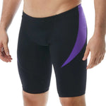 TYR Men's Hexa Curve Splice Jammer - A black jammer with a purple and white hexagon pattern on the left leg.