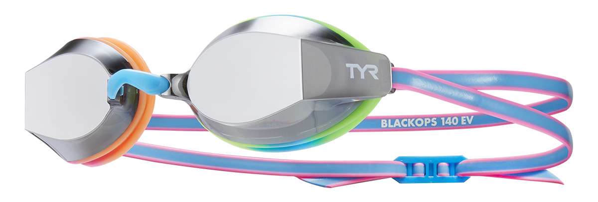 TYR Junior's Blackops 140 EV Mirror Goggle - A pair of mirrored goggles with a black strap and orange trim.