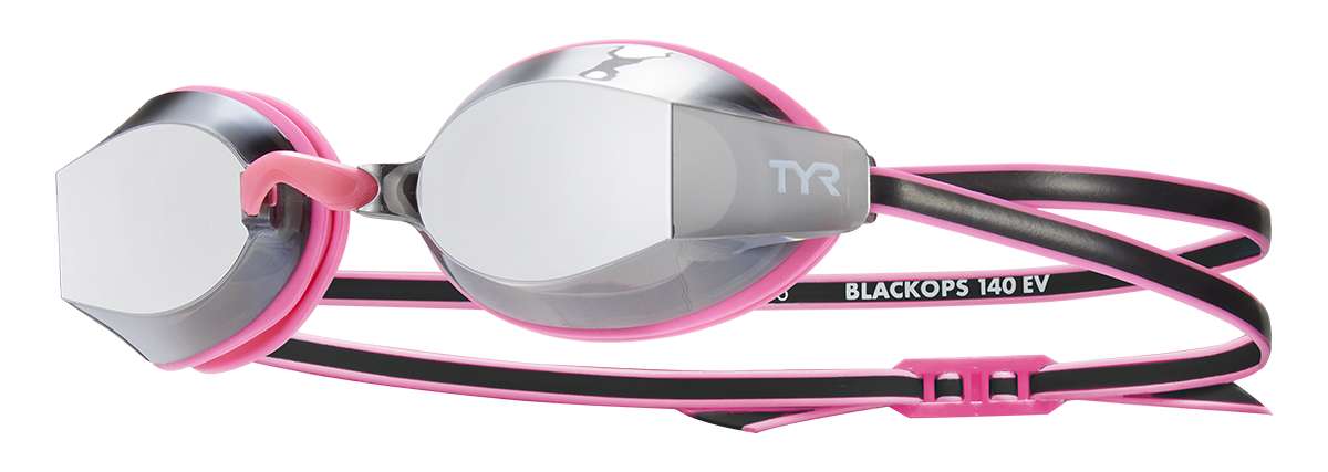 TYR Junior's Blackops 140 EV Mirror Goggle - A pair of mirrored goggles with a pink strap and black trim.