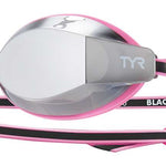 TYR Junior's Blackops 140 EV Mirror Goggle - A pair of mirrored goggles with a pink strap and black trim.