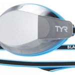 TYR Junior's Blackops 140 EV Mirror Goggle - A pair of mirrored goggles with a black strap and blue trim.