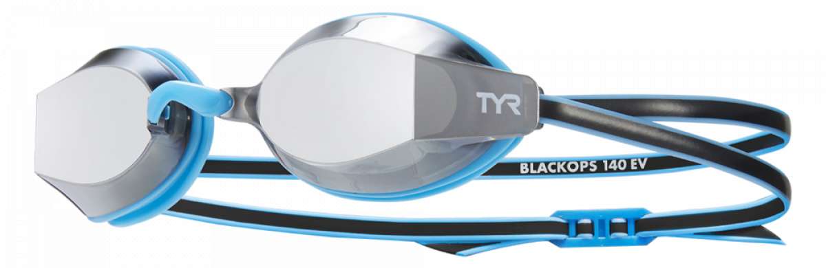 TYR Junior's Blackops 140 EV Mirror Goggle - A pair of mirrored goggles with a black strap and blue trim.