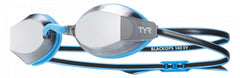 TYR Junior's Blackops 140 EV Mirror Goggle - A pair of mirrored goggles with a black strap and blue trim.