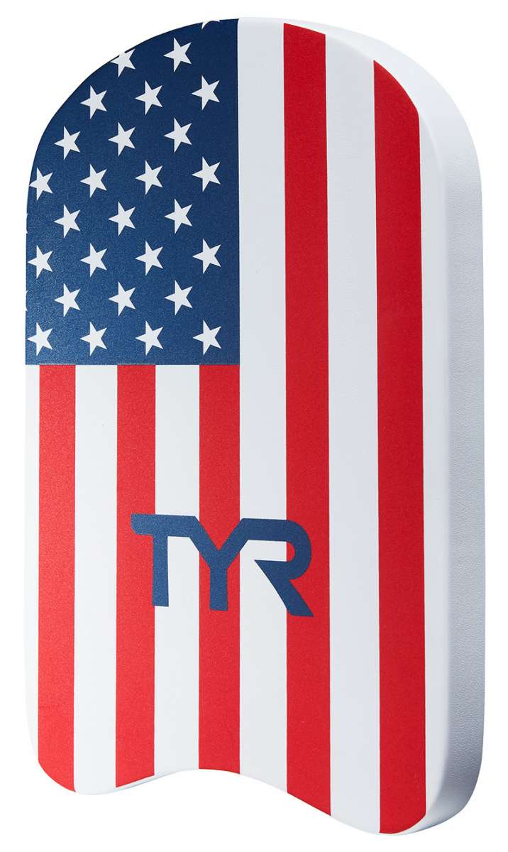 TYR Junior's Kickboard - A blue kickboard with white stripes and a white strap.