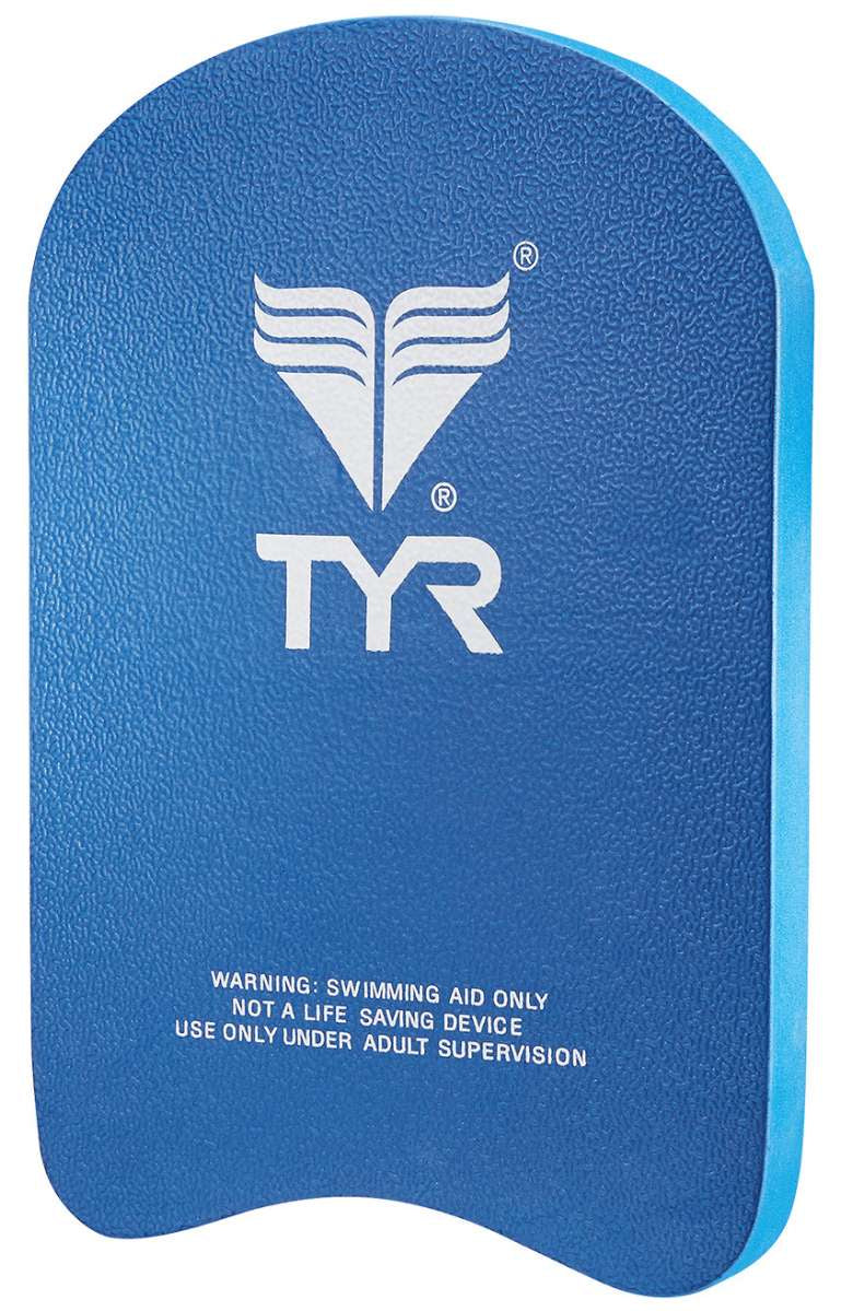TYR Junior's Kickboard - Blue kickboard with white TYR logo at top center, featuring three wavy lines extending from bottom of letter T.
